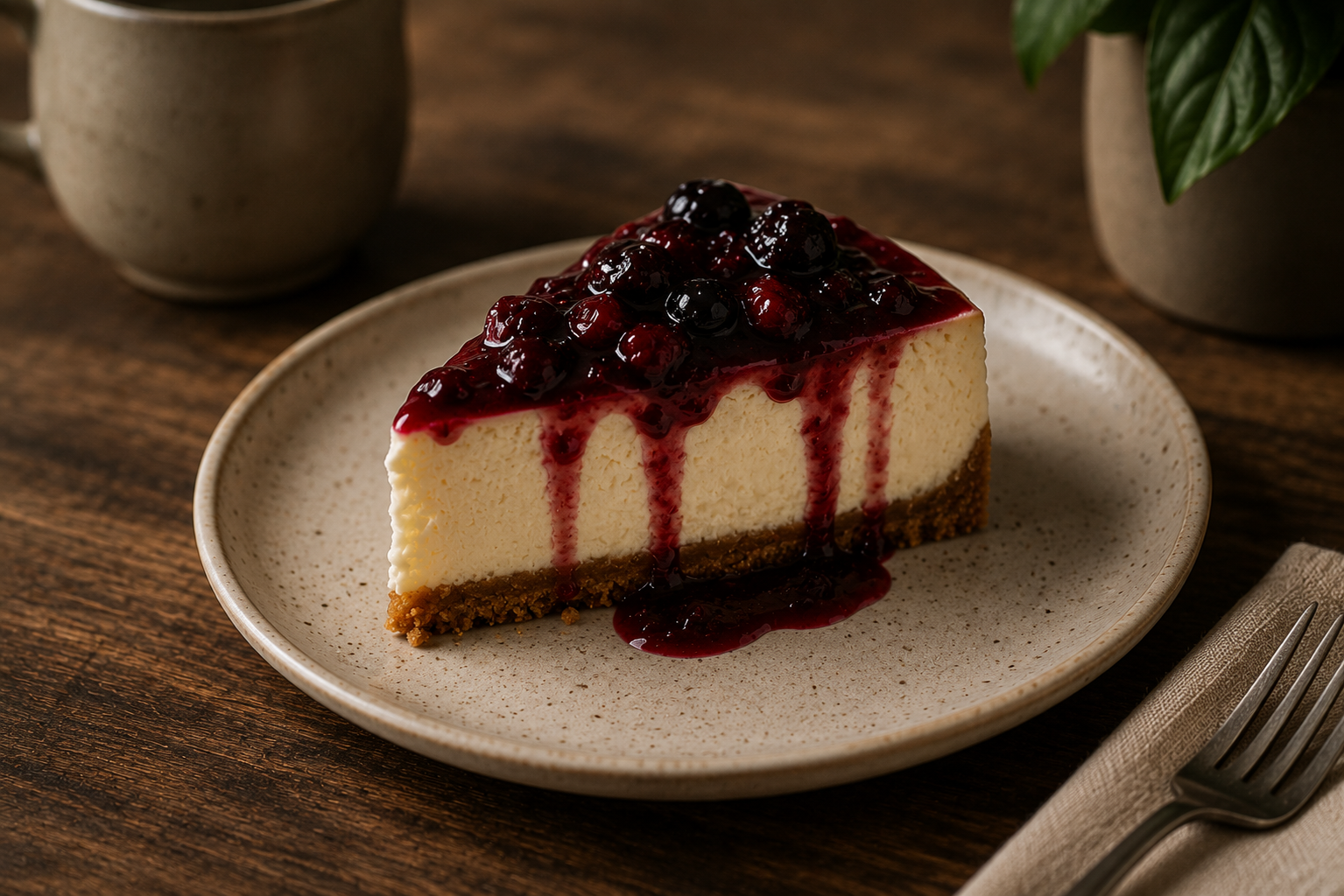 Porción de cheesecake junto a café