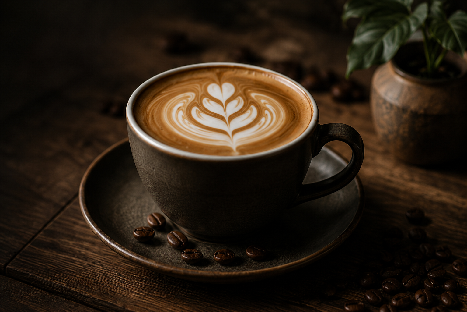 Latte con arte servido en taza oscura