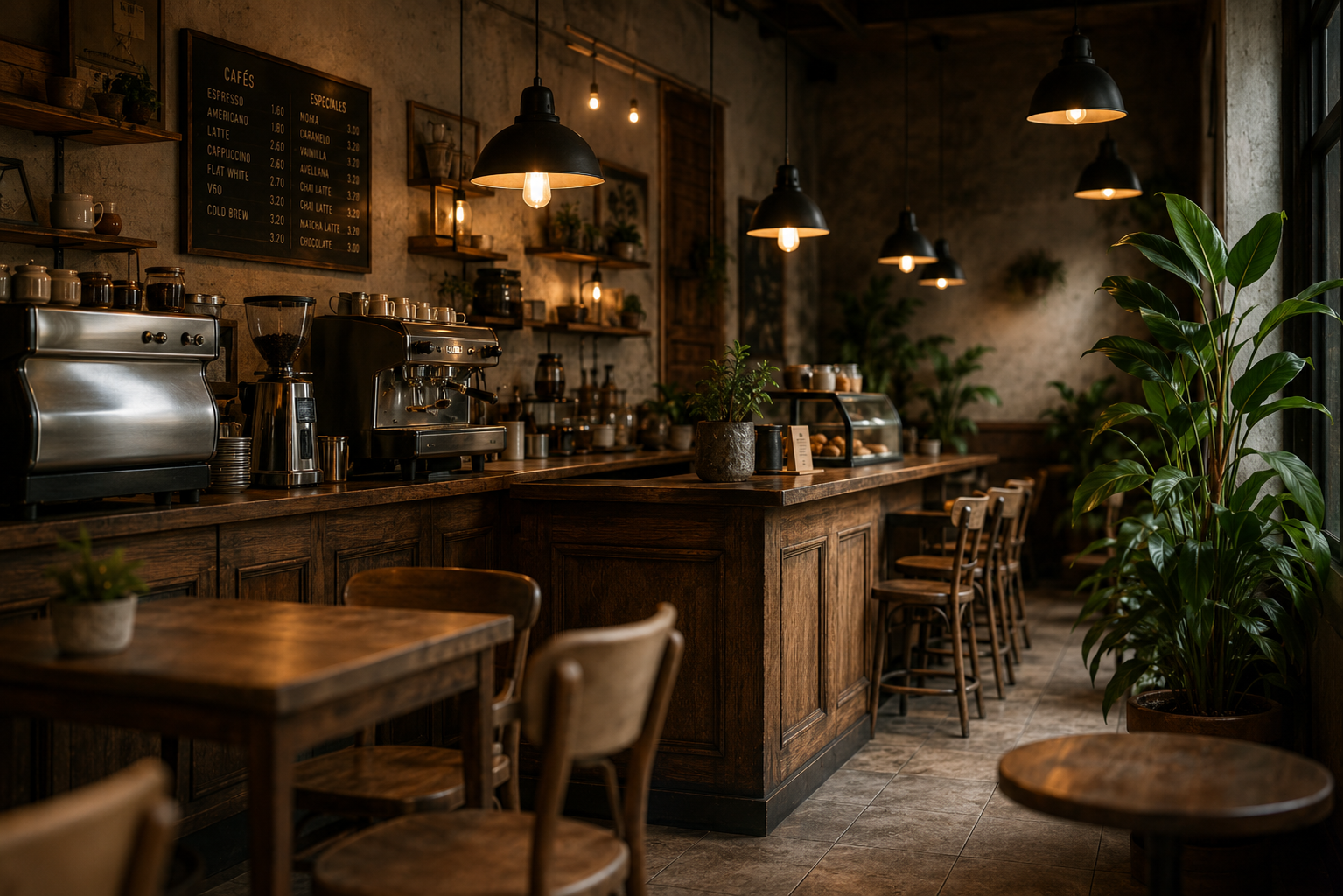 Interior cálido de cafetería de especialidad con barra de madera