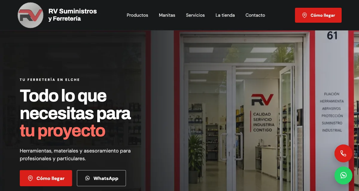 Página de inicio de RV Suministros y Ferretería, tienda en Elche