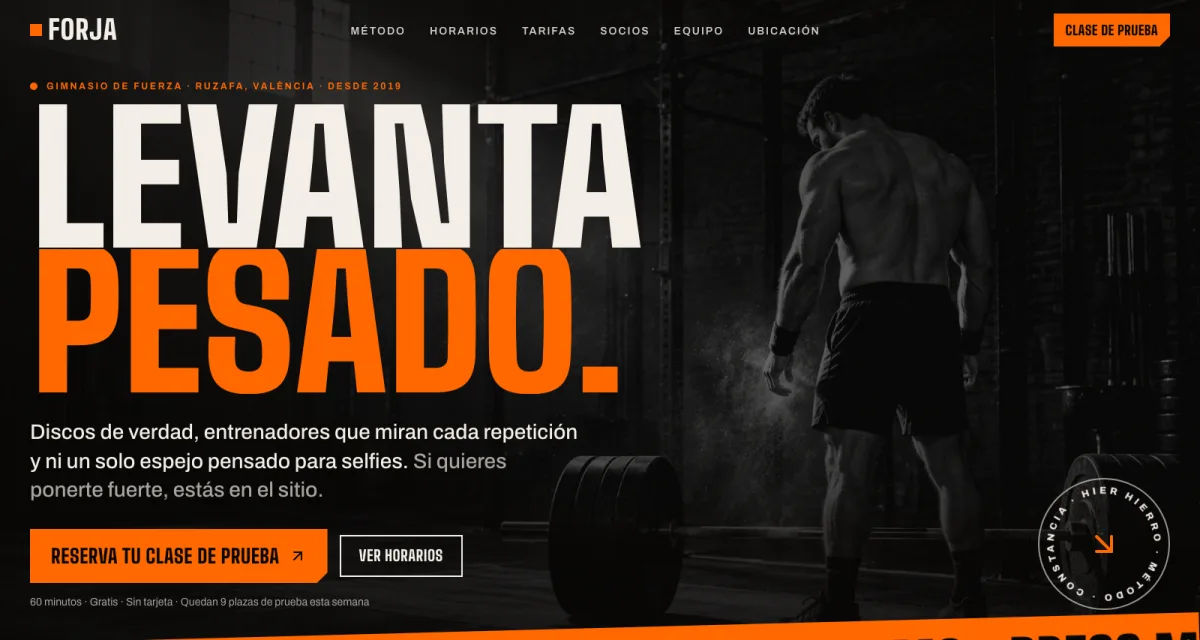 Vista previa de Forja, una landing para un gimnasio de entrenamiento de fuerza