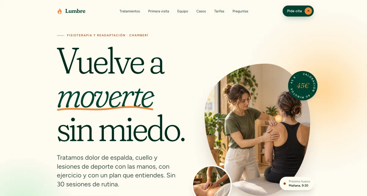 Vista previa de Lumbre, una landing para una clínica de fisioterapia