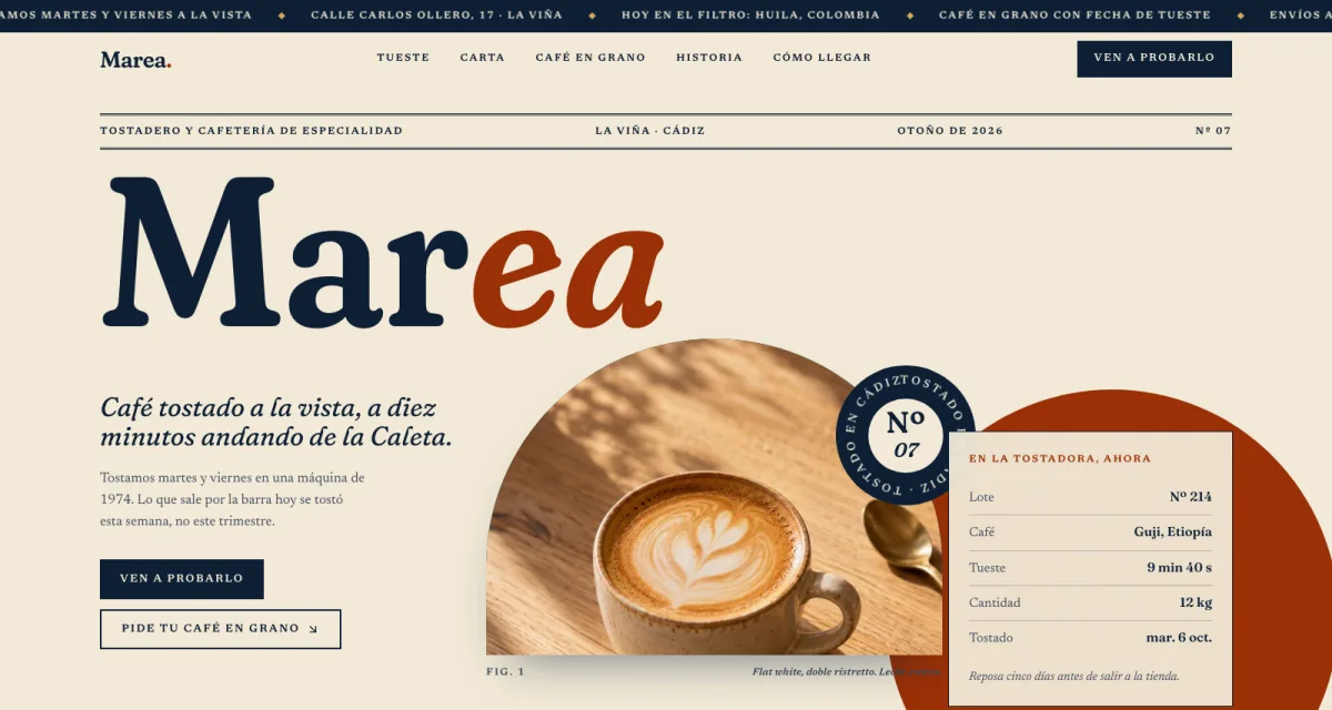 Vista previa de Marea, una landing para una cafetería de especialidad