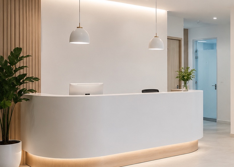Sala de tratamiento de Lumbre con luz natural, camilla de madera y plantas