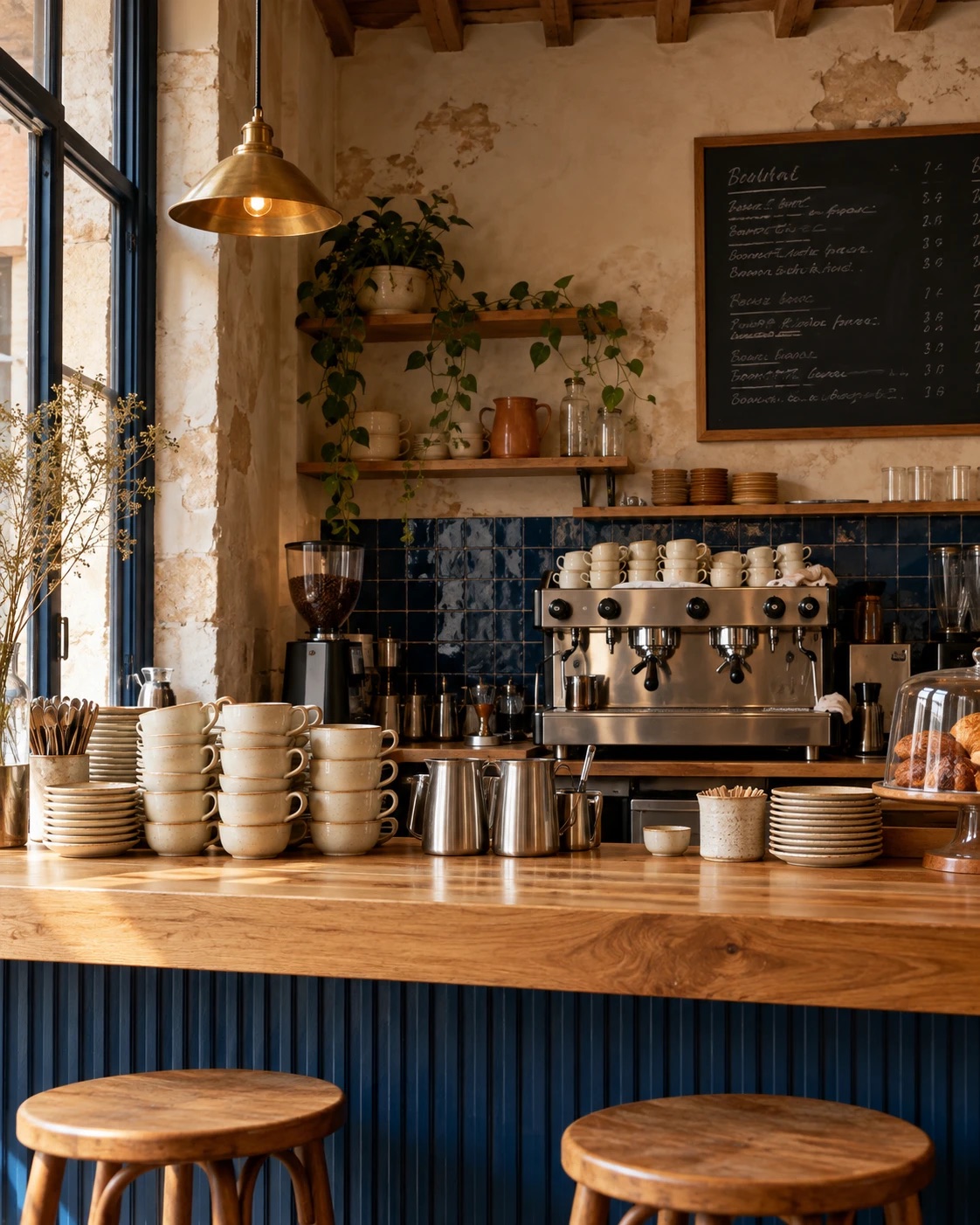 La barra de Marea con tazas, jarras de leche y la máquina de espresso al fondo