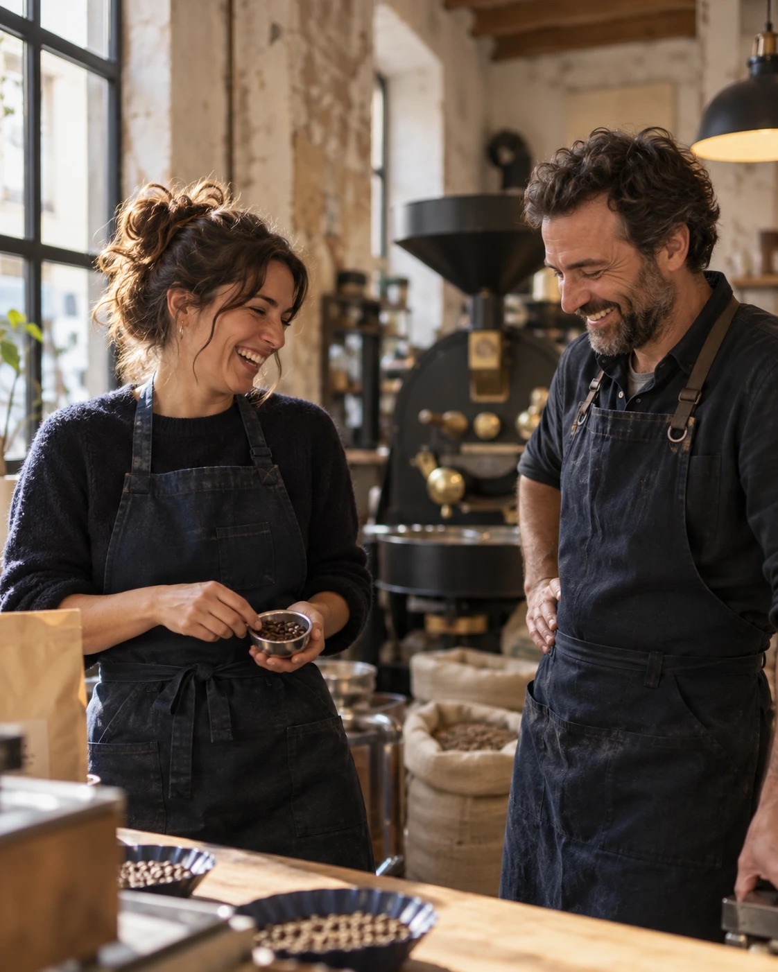 Lucía Rendón y Andrés Calvente junto a la tostadora, con delantales oscuros