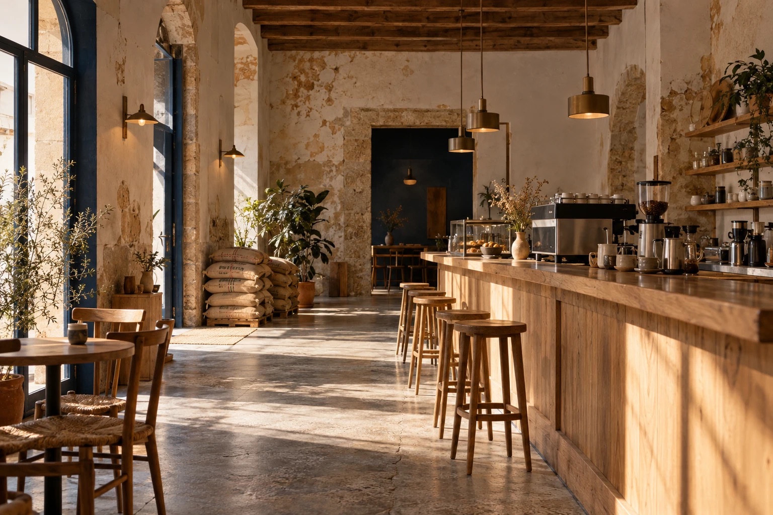 Interior de Marea: techo alto de vigas, barra de madera, ventanales a la calle y sacos de café apilados