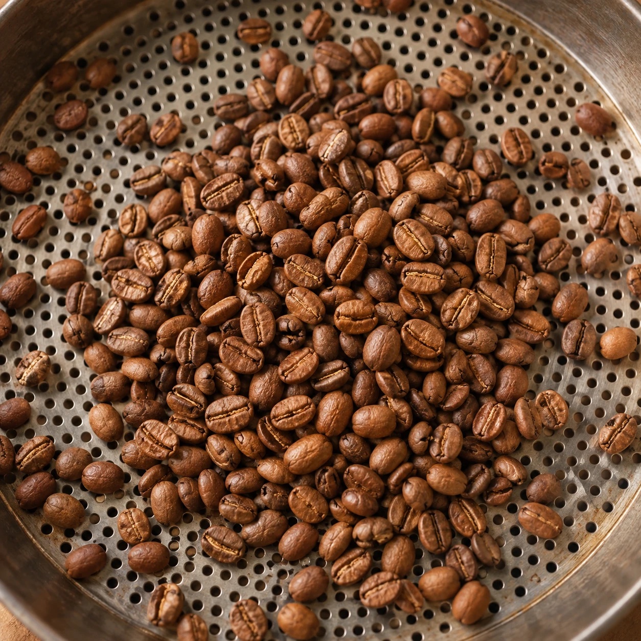 Granos de café recién tostados, de color caramelo oscuro